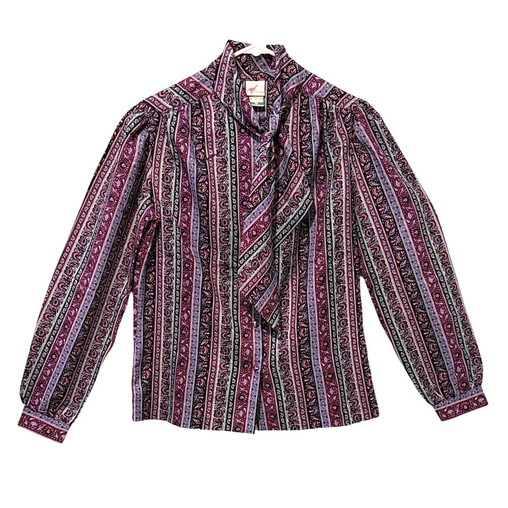 Vintage GW originals 80s purple Paisley Stripe Bow Secretary Blouse 10